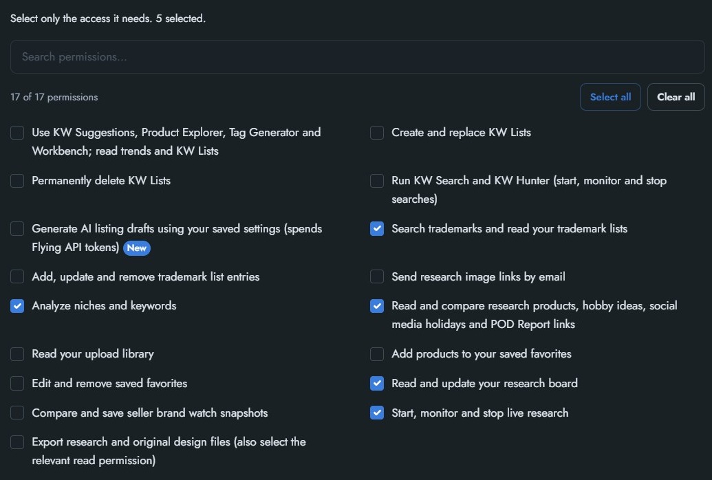 Choose access in Flying’s permission editor